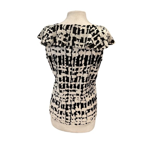St. John Womens Ruffled Cap Sleeve Blouse Black & White Abstract Print Size 8 Si - Picture 3 of 8